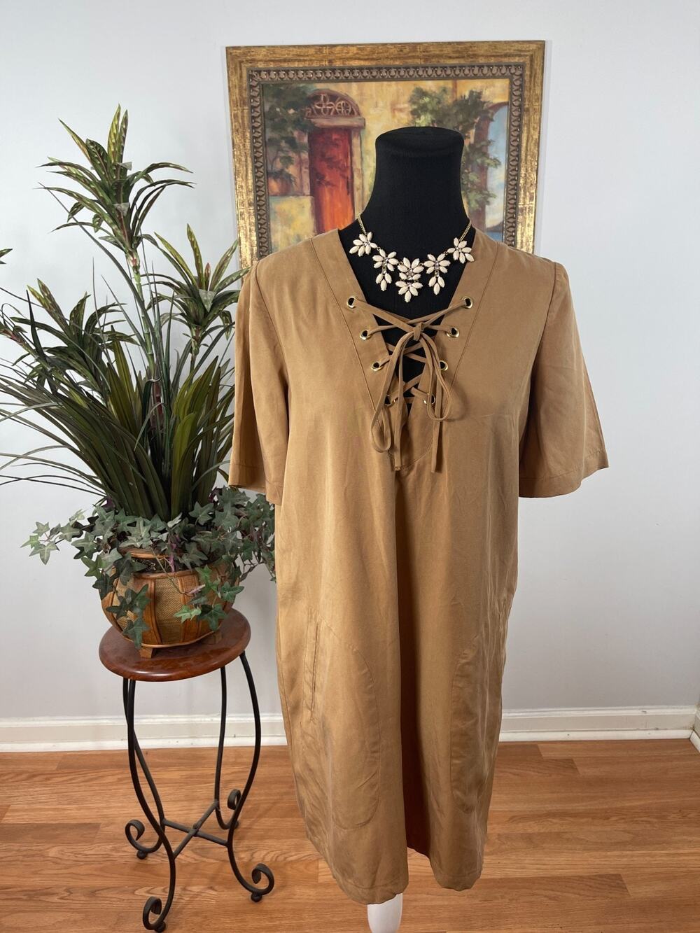 BCBGeneration Shift Dress Women's Small Camel Lyocell 70s Inspired Rustic Chic